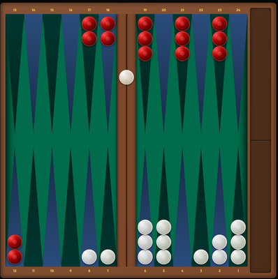A backgammon board with red and white checkers